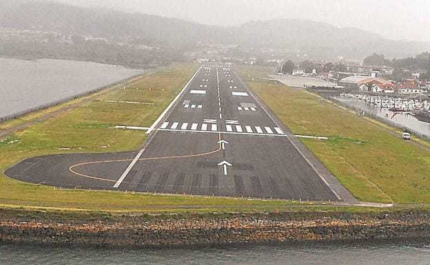 Imagen aérea de los nuevos umbrales de seguridad de la pista del aeropuerto de Hondarribia.