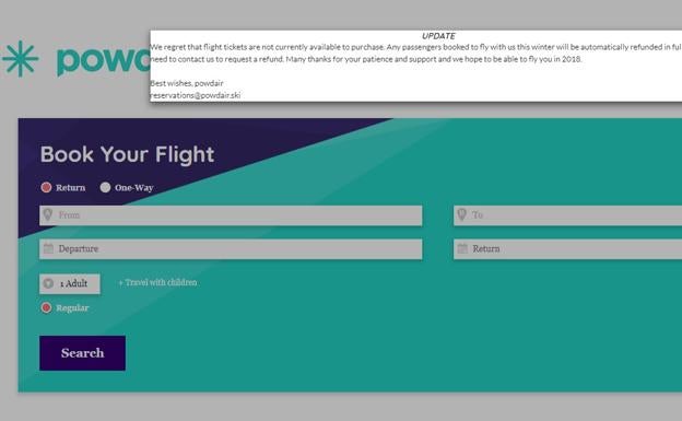 Aviso de la cancelación de ventas en la página web de Powdair./