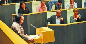 Entendimiento fiscal. La portavoz del PSE, Rafaela Romero, habla desde la tribuna de las Juntas Generales ante la atenta mirada del diputado general, Martin Garitano, y la bancada de Bildu. :: UNANUE/