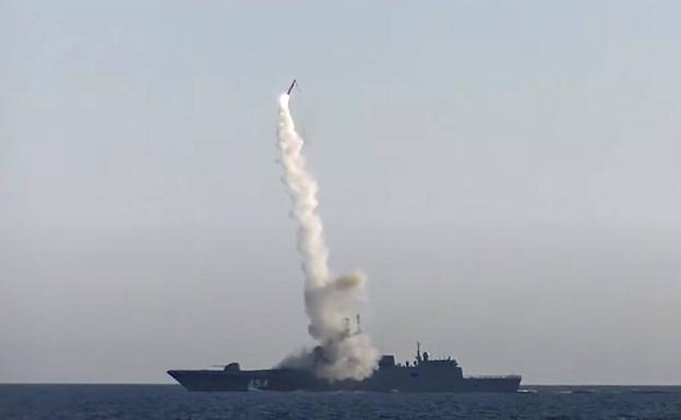 Russian frigate Admiral Gorshkov, in a file image, firing a hypersonic missile from a Soviet-origin P-35 shuttle in the Black Sea. 