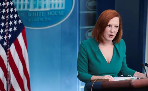 White House spokeswoman Jen Psaki speaks to reporters during the press conference.