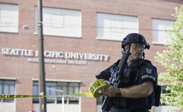 A police officer at Seattle Pacific University after a shooting in Seattle, Washington.