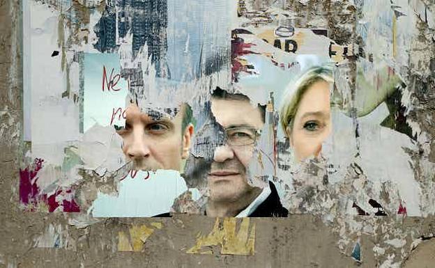 Fragments of the faces of the three most voted candidates (Macron, Mélenchon and Le Pen) in the recent elections for the Presidency of France.