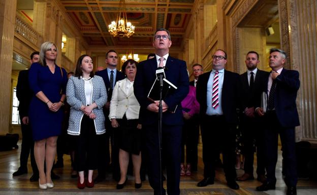 The leader of the Democratic Unionist Party (DUP), Sir Jeffrey Donaldson, during a press conference on Monday.
