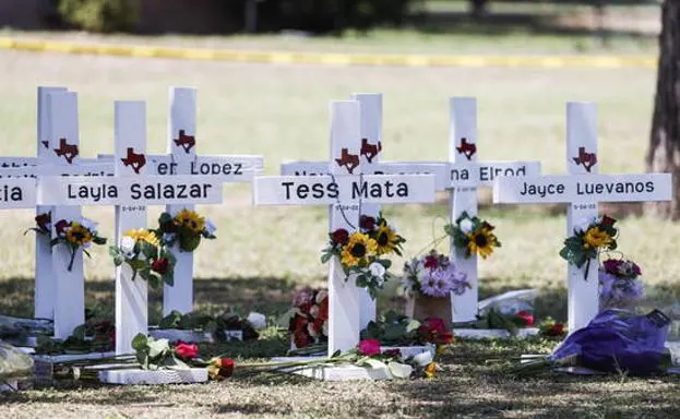 Crosses bearing the names of some of the victims on the school grounds in Uvalde, Texas.