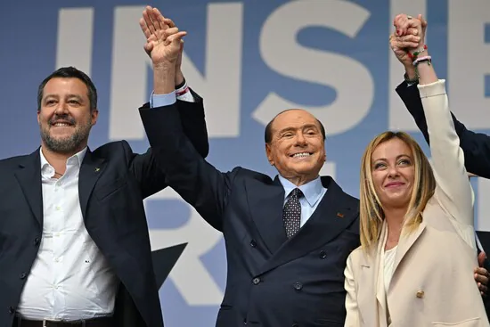 From left to right, the leader of the Lega, Matteo Salvini, the leader of Forza Italia, Silvio Berlusconi, and the leader of the Brothers of Italy, Giorgia Meloni.