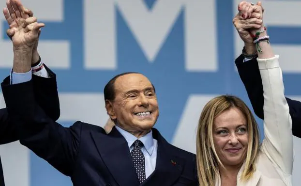 Forza Italia leader Silvio Berlusconi and Brothers of Italy leader Giorgia Meloni at a campaign rally ahead of September's general election. 