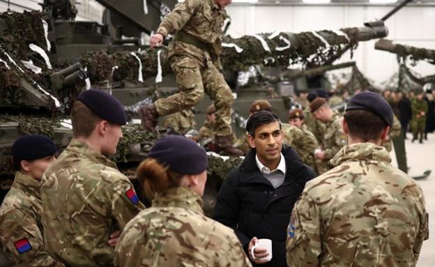 British Prime Minister Rishi Sunak meeting with troops at the Tapa military base in Estonia on Monday. 