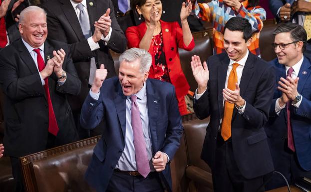 McCarthy celebrates victory after fourteen failed votes.