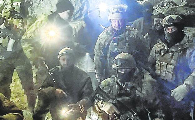 Soldiers from the Wagner group pose in a salt mine located in Soledar, a town where the toughest fighting has taken place in recent weeks.