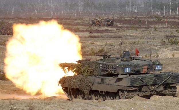 A German Leopard 2 tank during NATO military exercises in Latvia. 