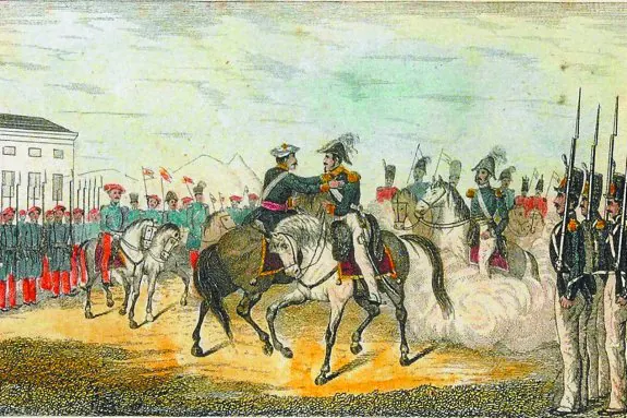 Estampa. Representación de 'El Abrazo de Bergara' en papel de 1849 que llegará a la muestra cedida por la Galería Militar Contemporánea./